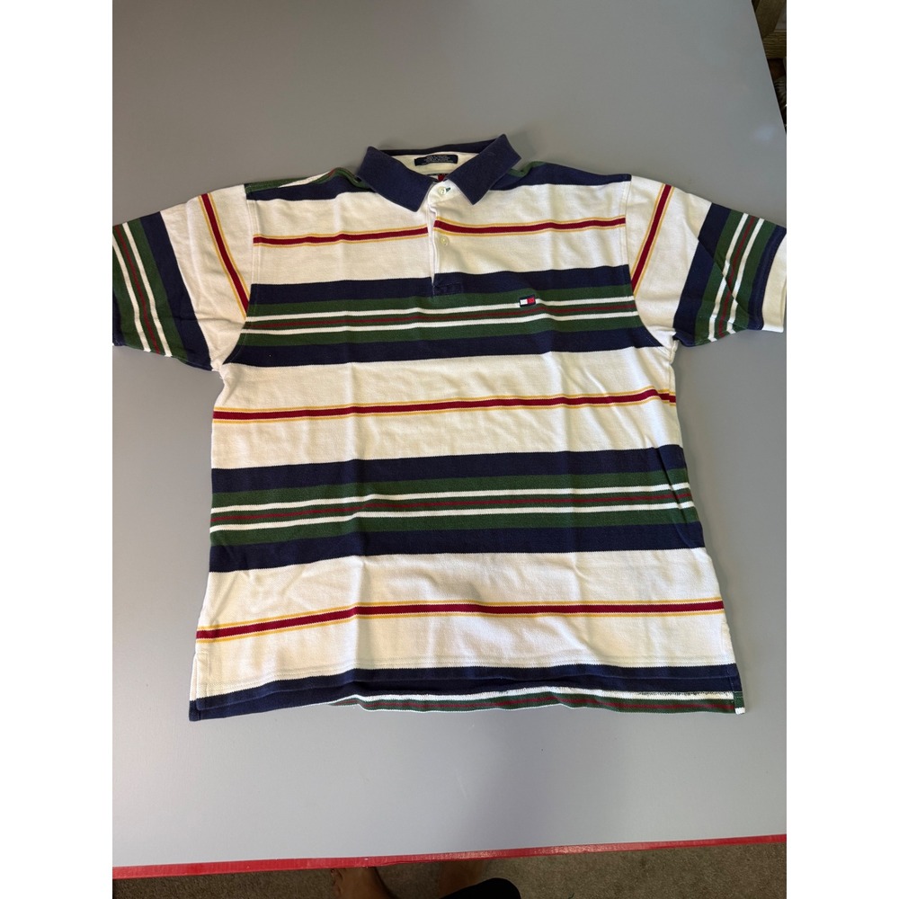 Vintage Tommy Hilfiger Mens Large Striped Polo Shirt Multi Color Short Sleeve